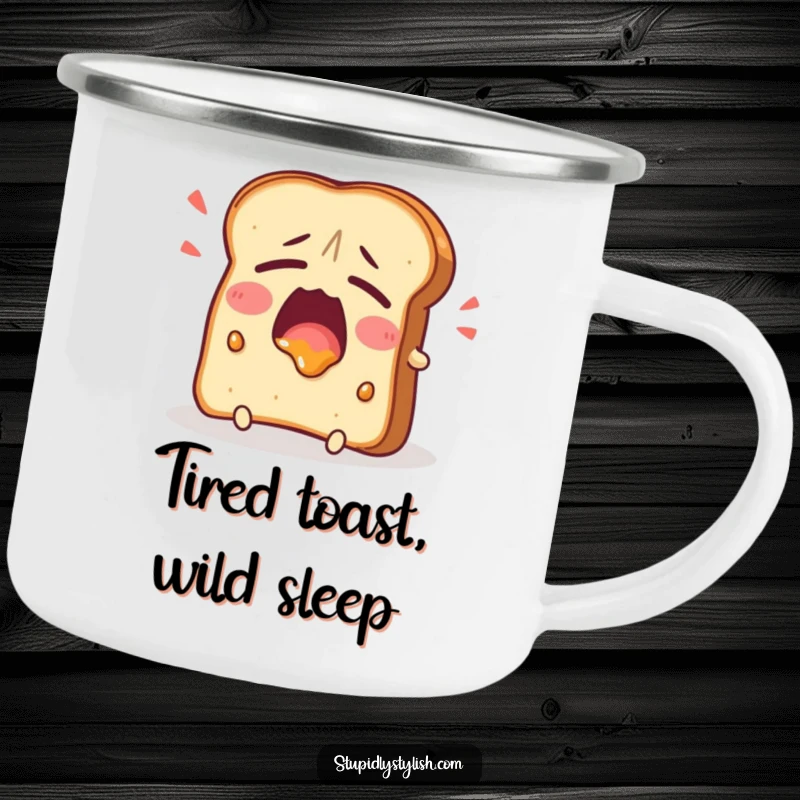 Funny Camping Mug depicting a tired toast character yawning widely with jam, ideal for outdoor lovers who appreciate relatable morning humor and comfort.