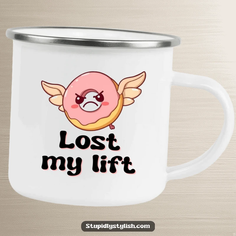 Funny camping mug with a grumpy donut attempting flight with pastry wings, a flustered but determined look, perfect for outdoor humor.