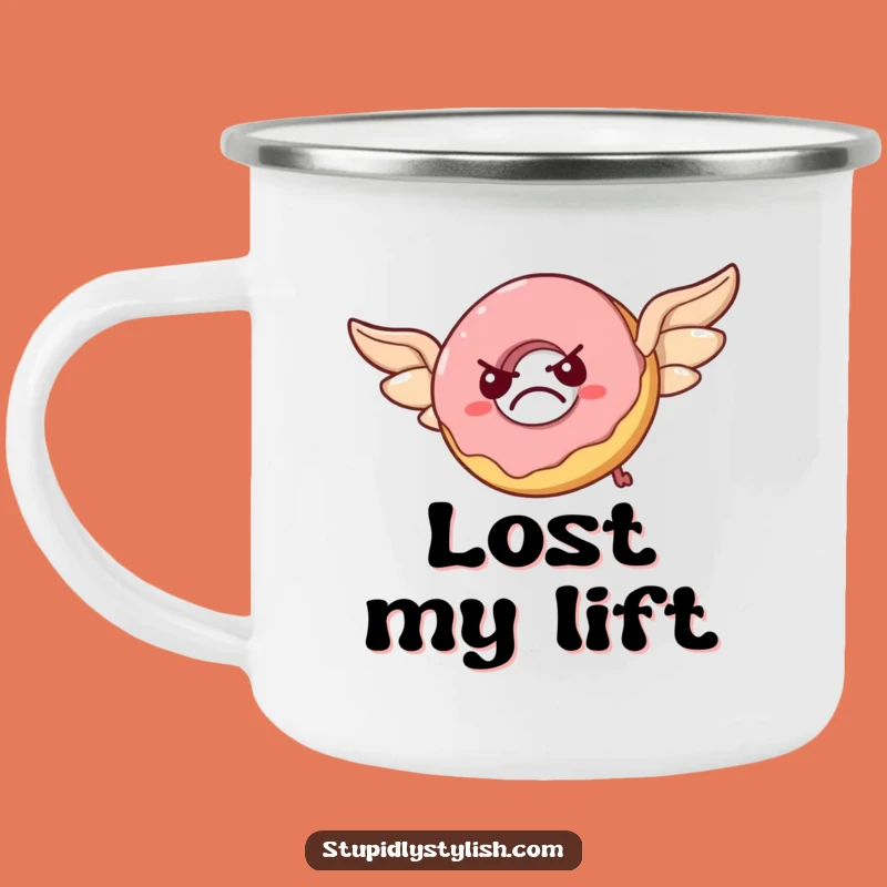 Funny Grumpy Donut Camping Mug: Rugged Pastry Wings Flying Enamel Mug, Gift