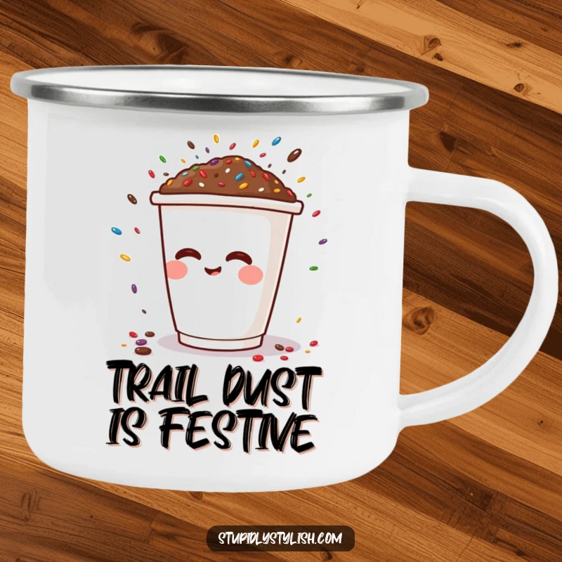 Funny camping mug showing a smiling coffee cup character sneezing a burst of sprinkles, designed for outdoor humor and enjoyment.