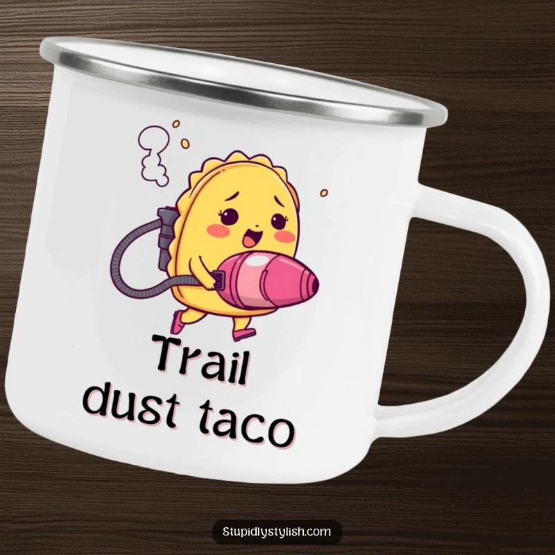 Funny camping mug with a blushing taco using a vacuum cleaner jetpack, smoke billowing, a comical and rugged design for outdoor fun.