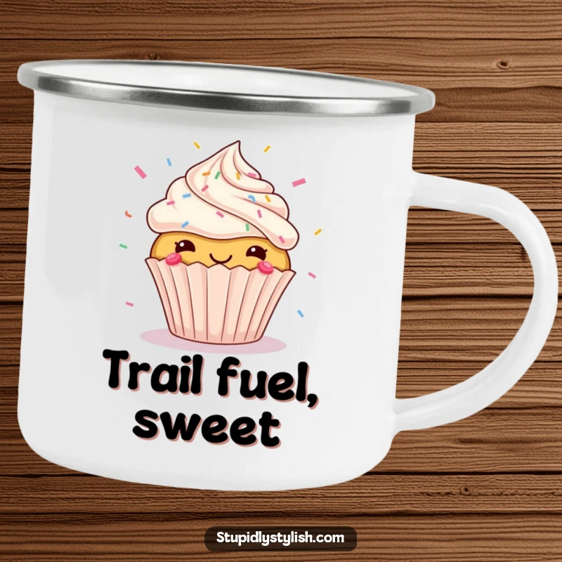 Funny camping mug showcasing a jubilant cupcake with sprinkles joyfully flying outwards, perfect for enjoying beverages outdoors with a humorous touch.