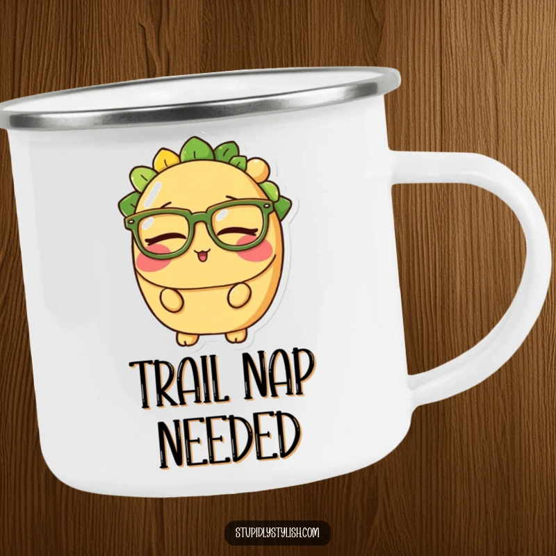 Funny camping mug with a sleepy taco character wearing oversized glasses, perfect for cozy sips and dreaming of sleep.