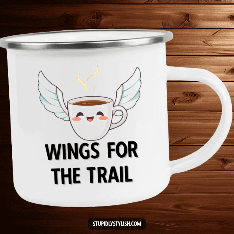 Funny camping mug featuring a startled coffee cup with steam forming wings, perfect for outdoor mornings and humorous coffee breaks.