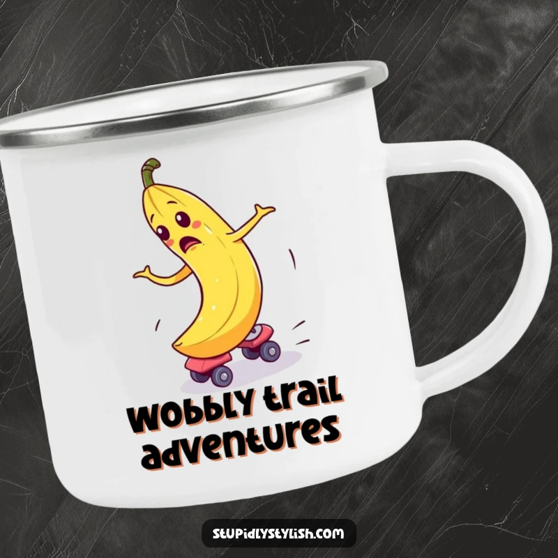 Funny Camping Mug showing a bewildered banana comically spinning out of control on roller skates, perfect for outdoor fun.