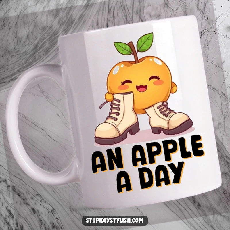 Funny mug with a cute apple character attempting to wear enormous, mismatched shoes, showing playful struggle.