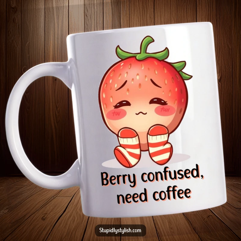Funny mug featuring a confused, blushing strawberry wearing mismatched socks, looking endearingly bewildered and cute.