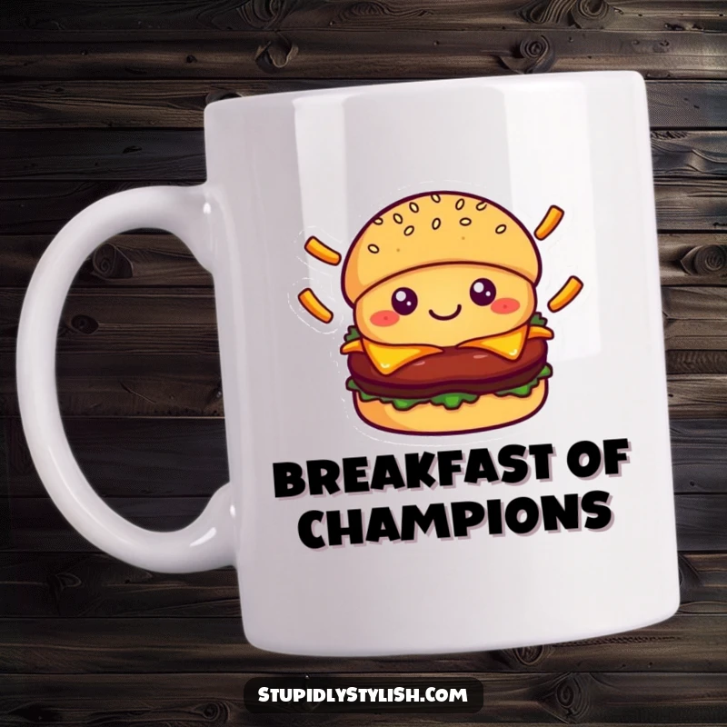 Cute, smiling burger character joyfully juggling a cascade of falling french fries, representing fun and food.