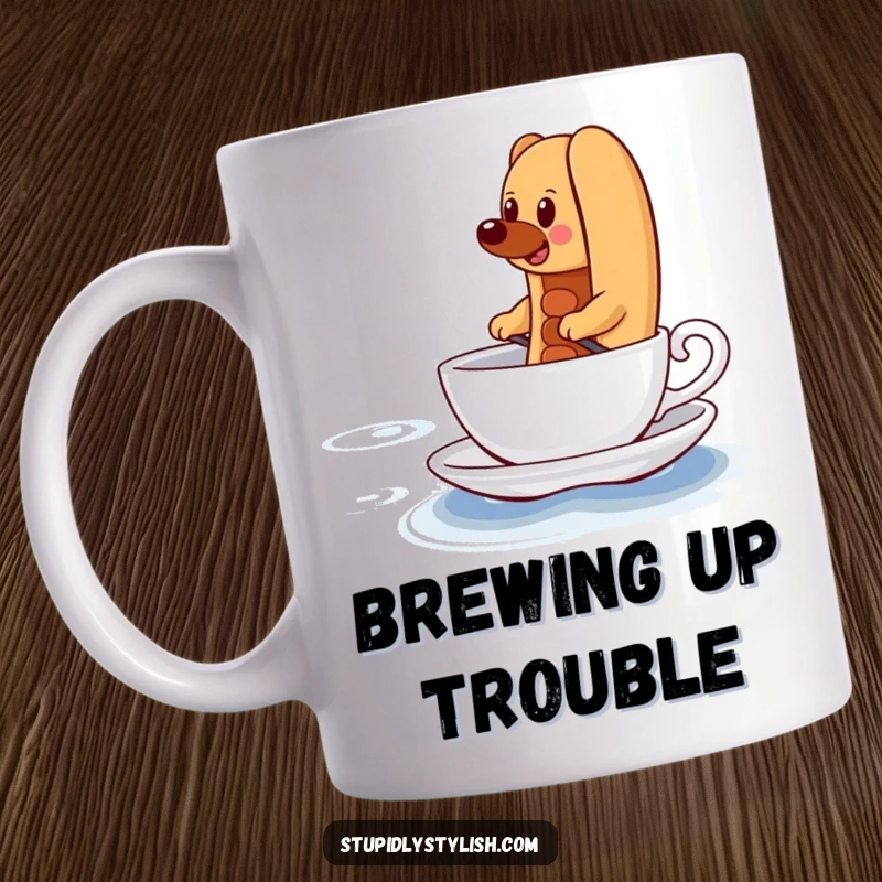 Funny Mug showcasing a determined hot dog comically paddling a tiny teacup across a vast, blue ocean, symbolizing perseverance.