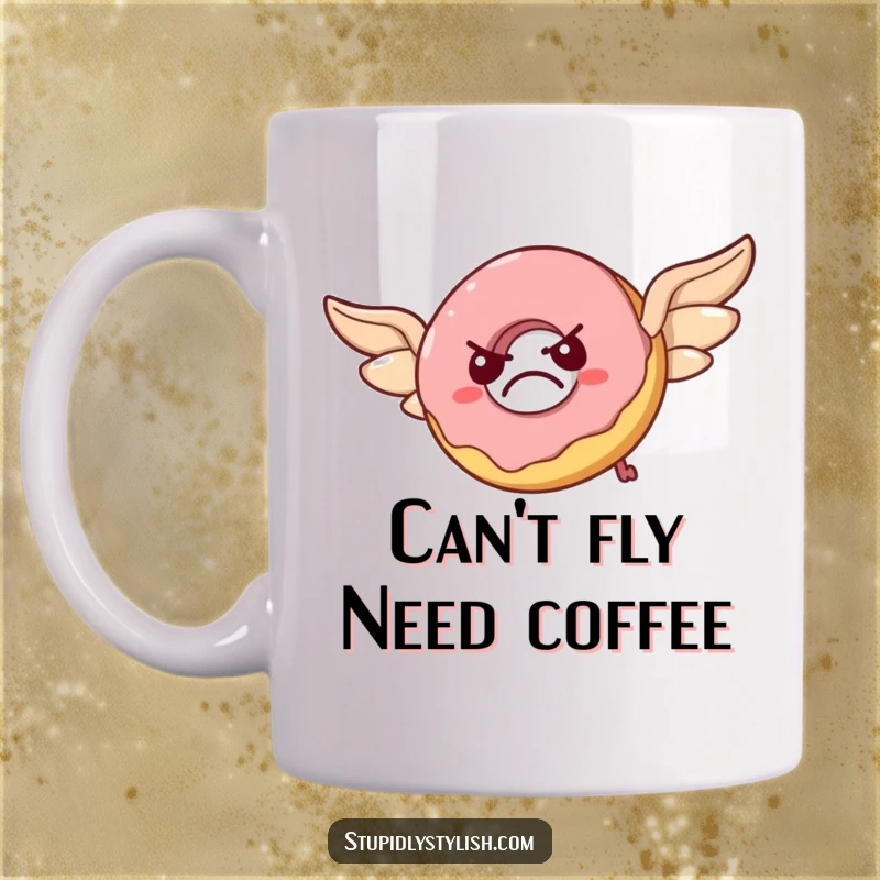 Funny donut mug featuring a grumpy pastry character clumsily attempting flight with flappy wings, looking utterly flustered and comical.