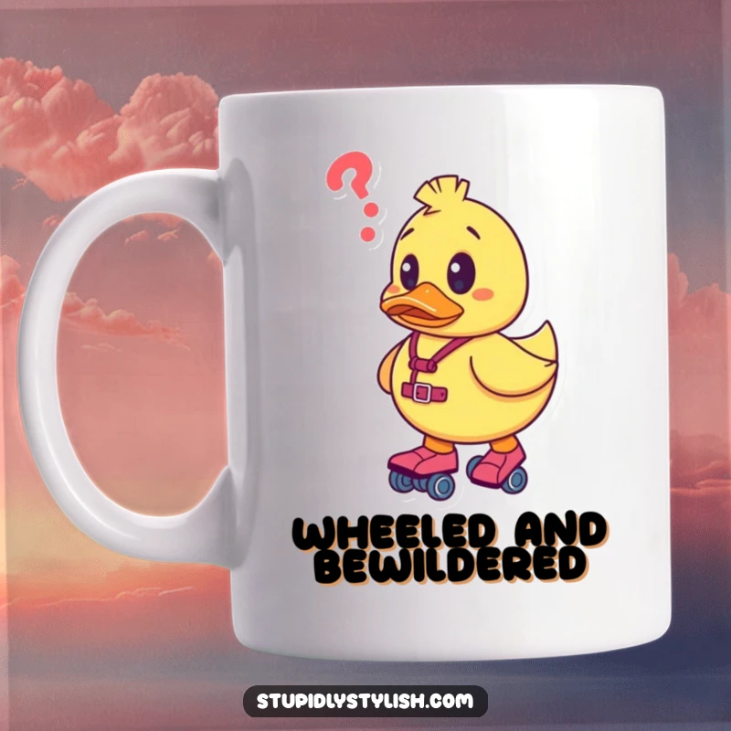 Funny mug featuring a rubber duck character looking utterly confused while attempting to roller skate, conveying a sense of playful mishap.
