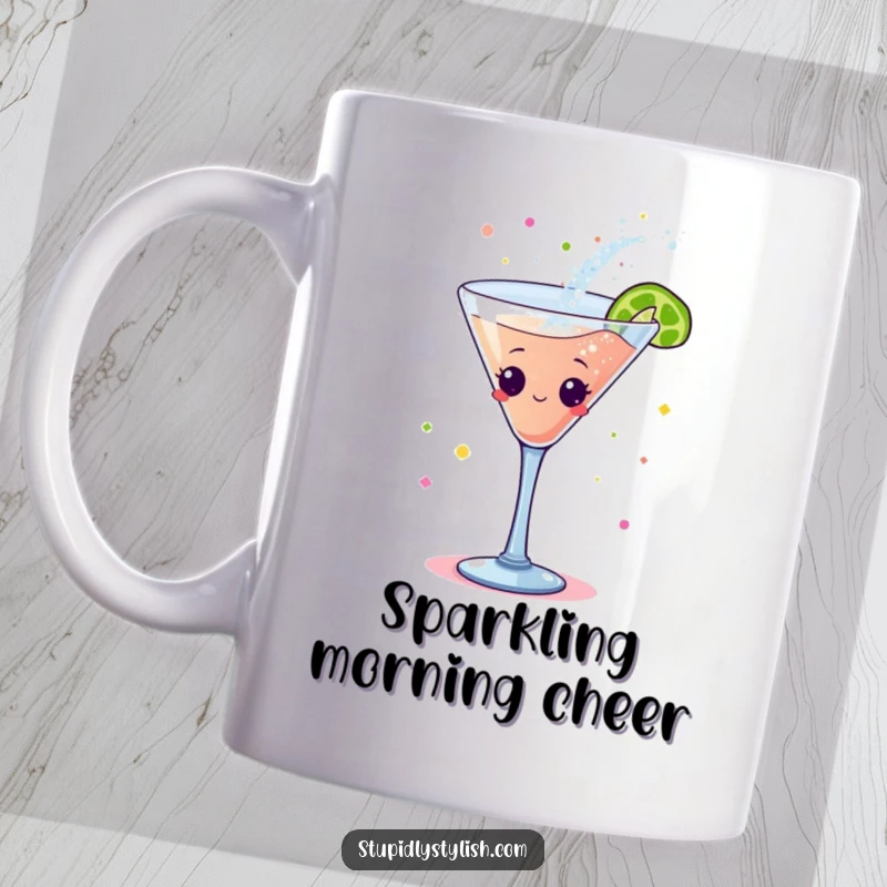 Funny mug: A jubilant cocktail glass character joyfully dancing and spilling colorful glitter, embodying a festive spirit.