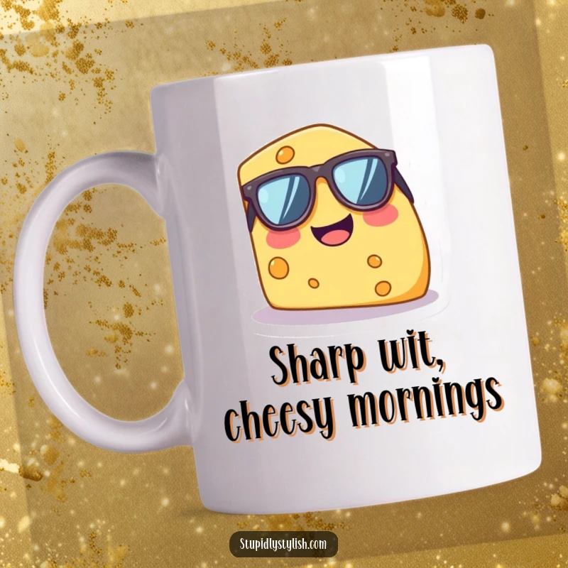 Funny mug featuring a tiny, giggling cheese wedge in oversized sunglasses, radiating pure joy and cool vibes.