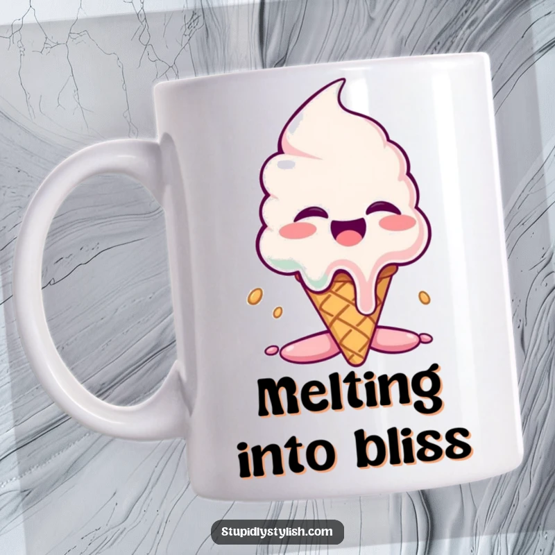 Funny mug: A giggling ice cream cone character dramatically melting, with drips and a joyful, yet messy, expression.