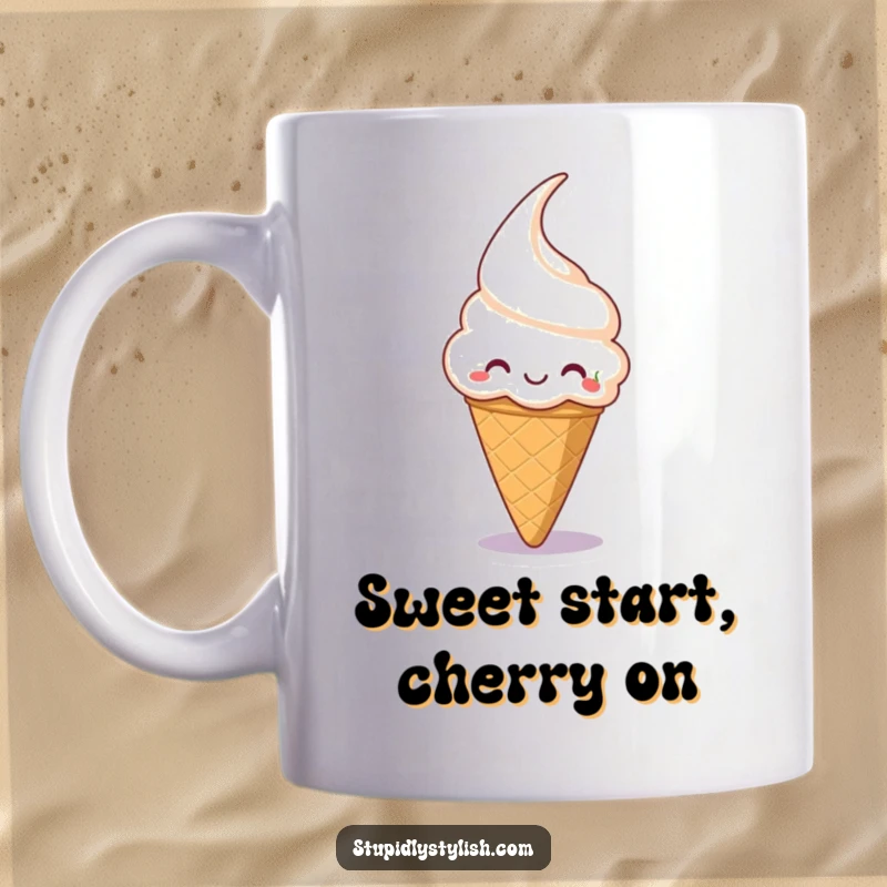Funny mug featuring a silly, grinning ice cream cone attempting to catch a falling cherry, embodying sweet mischief.