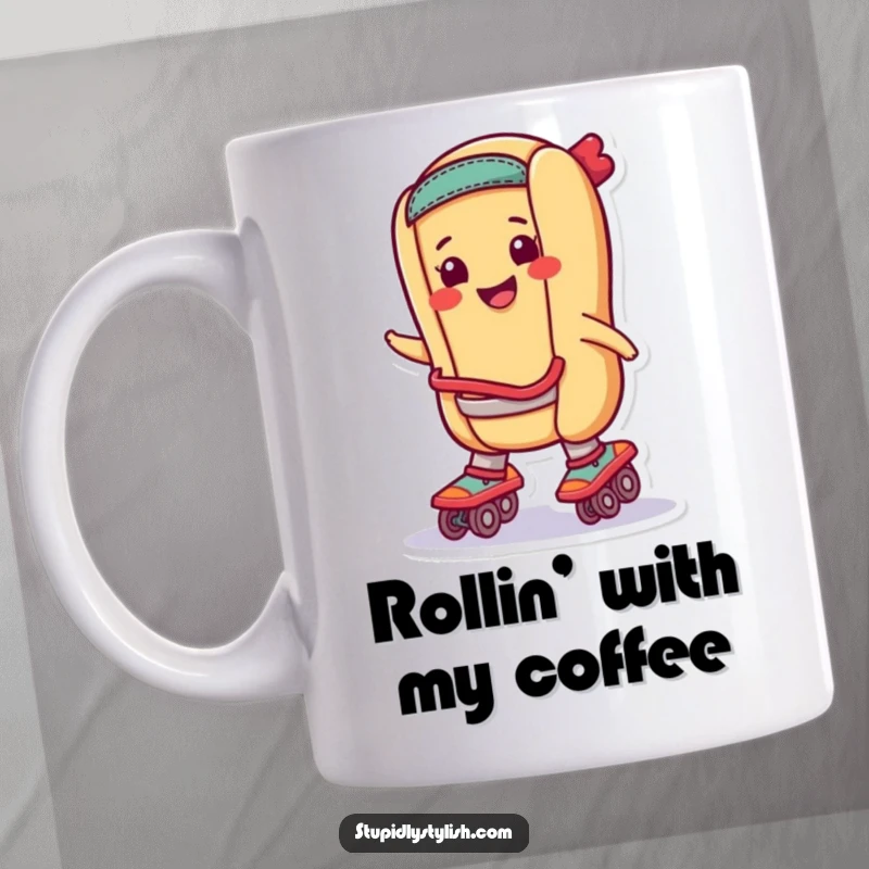Funny Mug: A smiling hot dog wearing roller skates, smoothly gliding, perfect for fun-loving people.