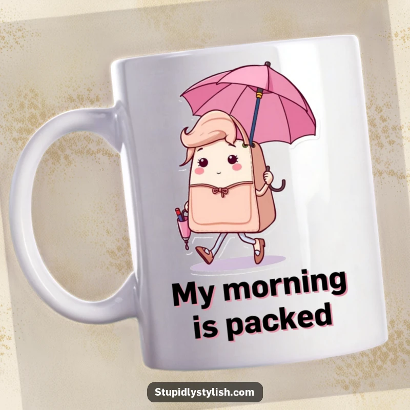 Funny mug showing a sassy handbag character confidently strutting alongside a tiny, matching umbrella, exuding fashionable humor.