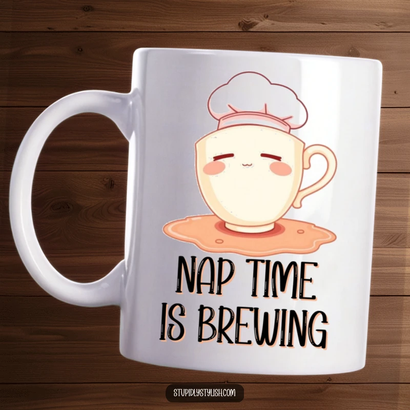 Funny mug: sleepy teacup wearing a chef hat falls into a puddle, humorous kitchen mishap design.