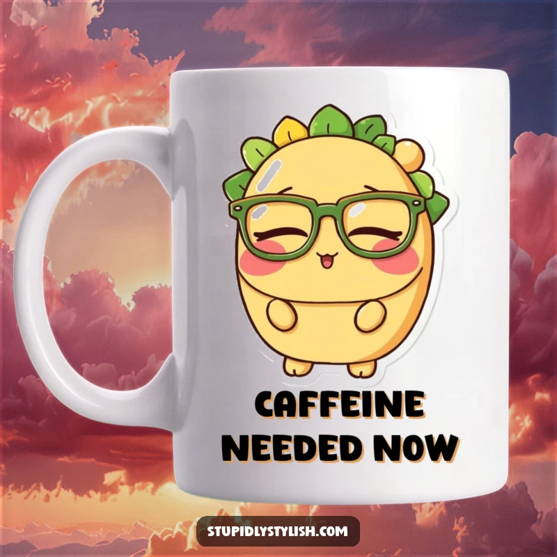 Funny mug featuring a sleepy taco character wearing comically oversized glasses, looking drowsy and ready to snooze.