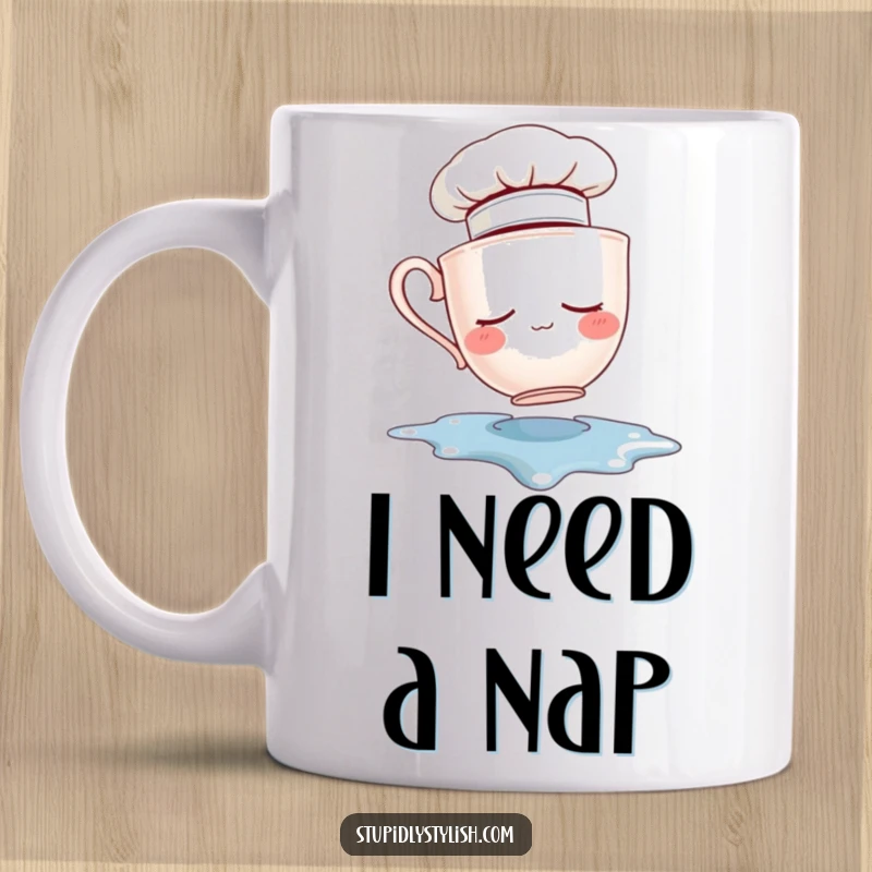 Funny teacup mug wearing a chef hat, looking sleepy as it falls into a spilled liquid. Captures a humorous kitchen disaster.
