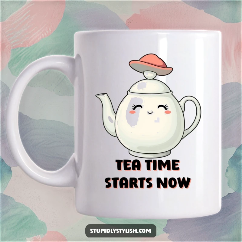 Funny mug showcasing a stylish teapot character elegantly wearing a fashionable miniature hat, exuding charm and whimsy.