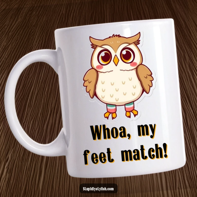Funny owl mug featuring a wide-eyed, surprised owl sporting mismatched socks, conveying a comical morning or fashion mishap.
