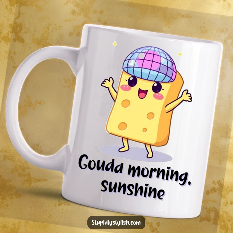 Funny mug depicting a piece of cheese enthusiastically dancing next to a sparkling disco ball, radiating party vibes.