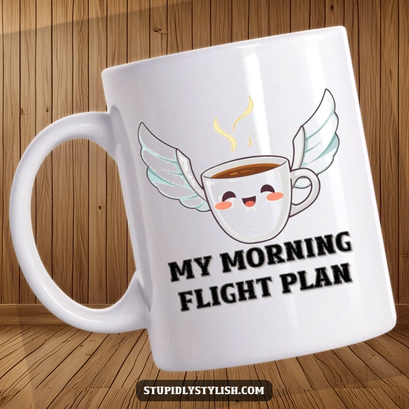 Funny mug featuring a startled coffee cup with steam rising like wings, depicting a humorous morning coffee experience.