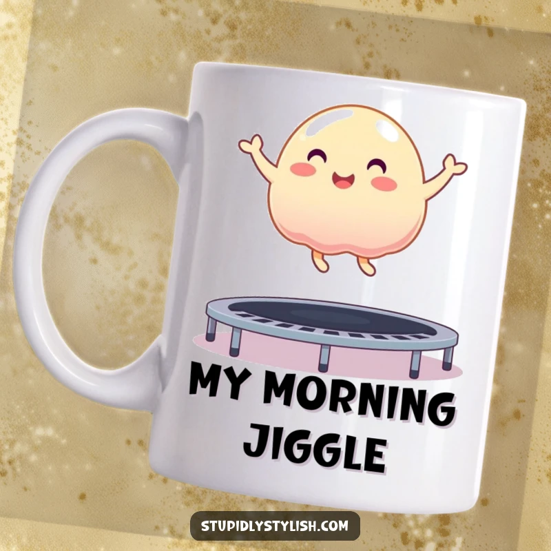 Funny mug featuring a wobbly, ecstatic jelly blob joyfully bouncing high on a trampoline, spreading pure happiness.