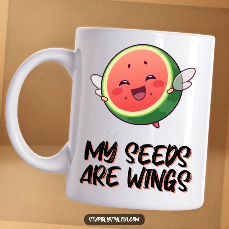 Funny mug featuring a joyful watermelon slice soaring through the air with determination and a big smile.