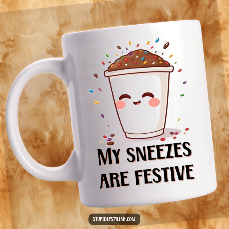 Funny mug featuring a cheerful coffee cup mid-sneeze, showering the scene with colorful sprinkles, a whimsical and humorous design.