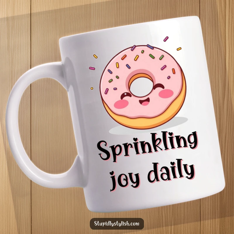 Funny mug featuring a giggling donut with colorful sprinkles flying off, embodying pure joy and deliciousness.