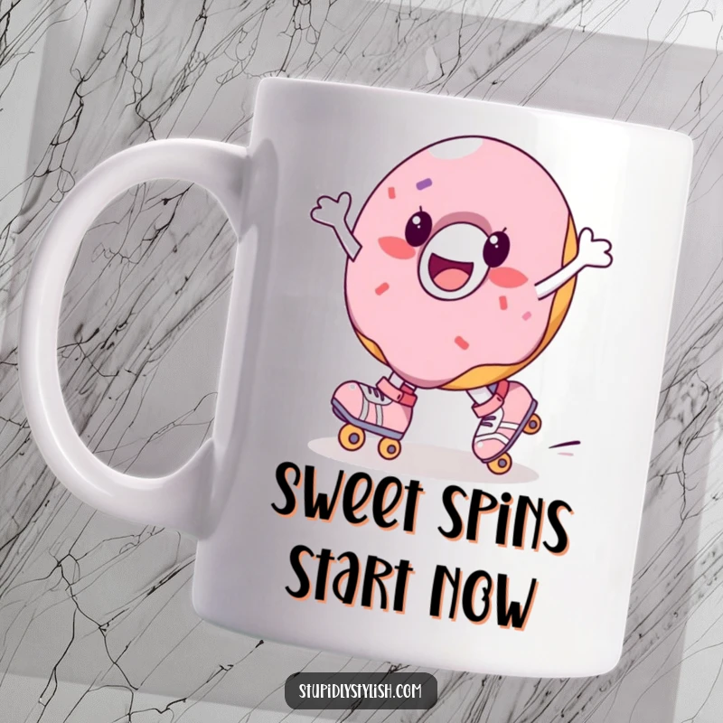 Funny joyful donut character on roller skates, happily spinning with glee. A sweet and energetic design.