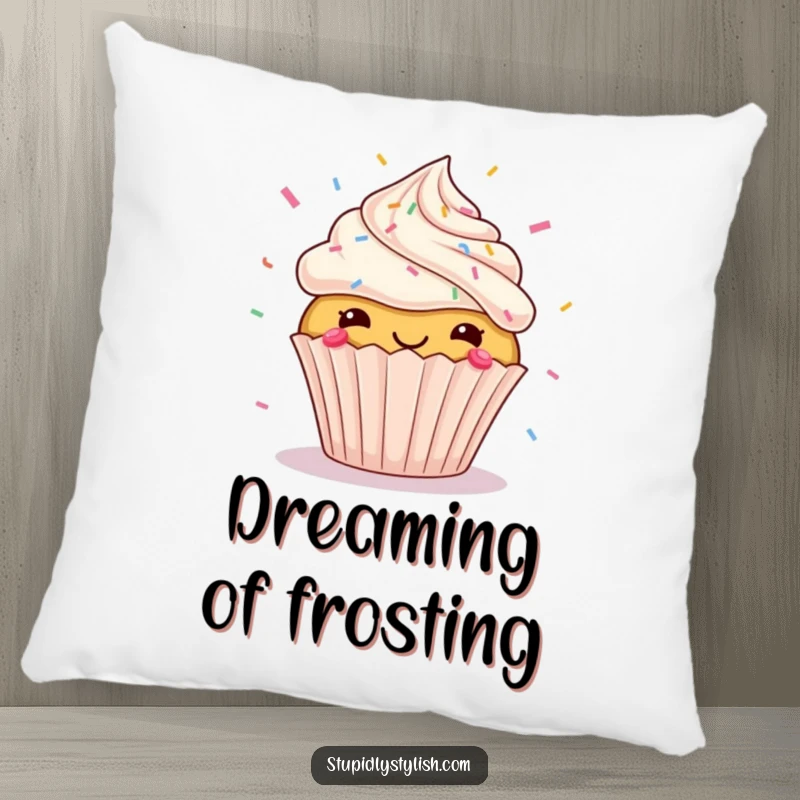 Funny pillow adorned with a gleeful cupcake surrounded by a whimsical explosion of colorful, flying sprinkles, offering comfort and laughter.