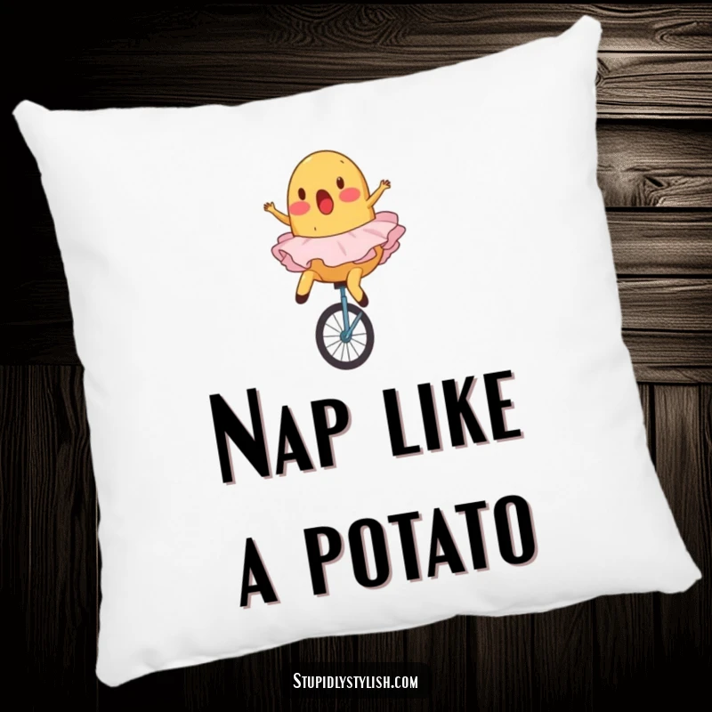 Funny, soft pillow featuring a surprised potato wearing a ballet tutu, comically falling off a unicycle.