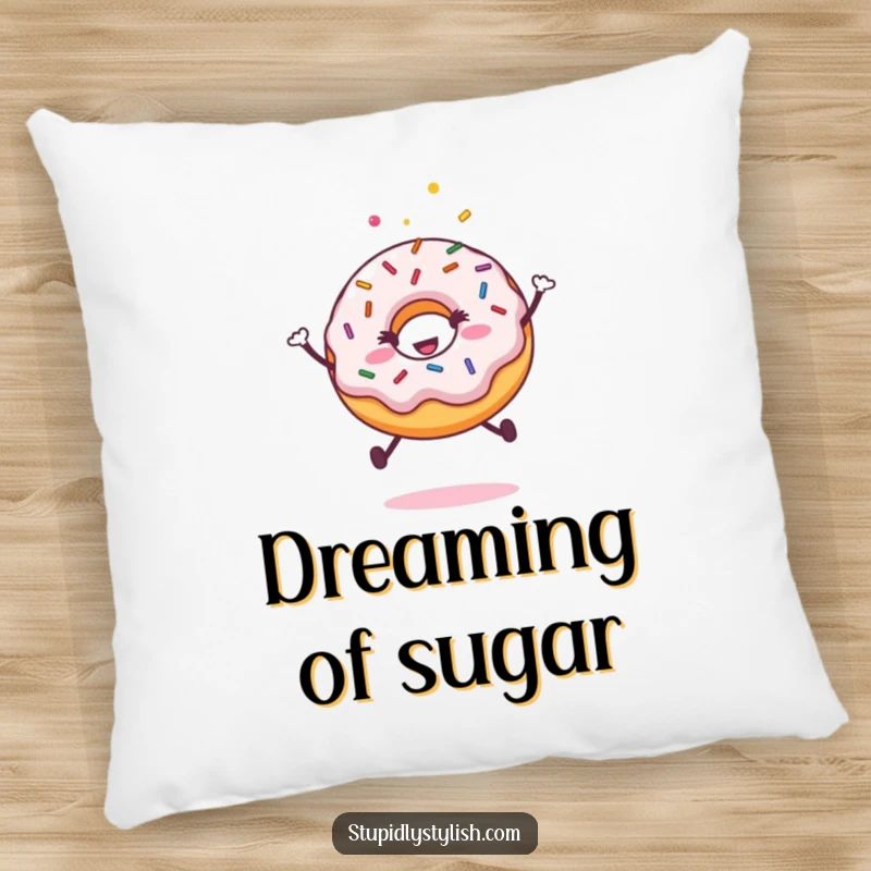 Funny pillow illustration of a joyful donut with sprinkles in mid-air, conveying pure, sugary delight and whimsical energy.
