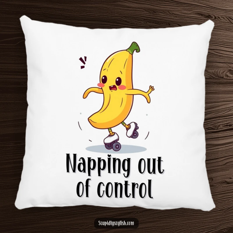 Funny pillow featuring a bewildered banana comically spinning out of control on roller skates, adding hilarious comfort to any room.