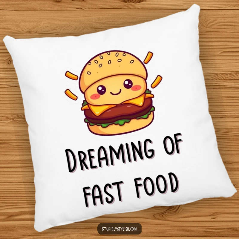 Cute smiling burger character juggling falling fries, perfect for a cozy pillow that adds food-themed happiness and humor.