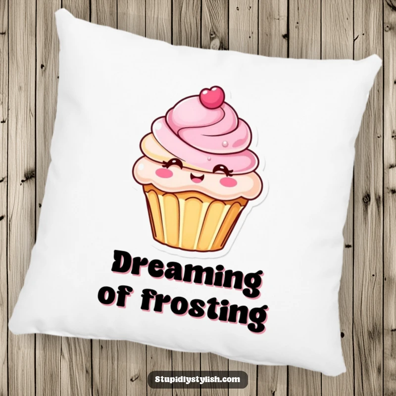 Funny pillow depicting a chic cupcake with an elaborate frosting design, offering cozy comfort with a sweet and humorous aesthetic.