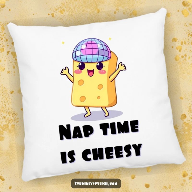 Funny pillow with a piece of cheese doing a disco dance under a sparkling disco ball, perfect for lounging.