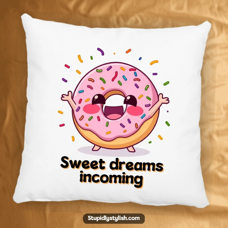 Funny Pillow depicting an excited donut juggling colorful sprinkles, offering plush comfort and a humorous, sweet-themed visual.