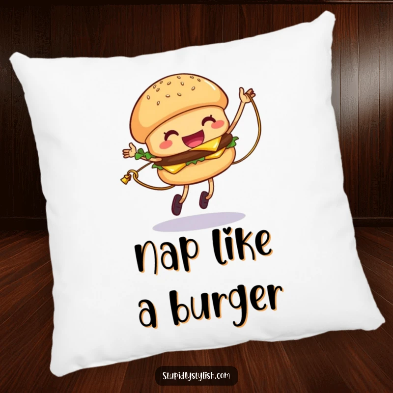 Funny Hamburger Pillow featuring a giggling hamburger jumping rope with cheese, soft comfort and playful humor.