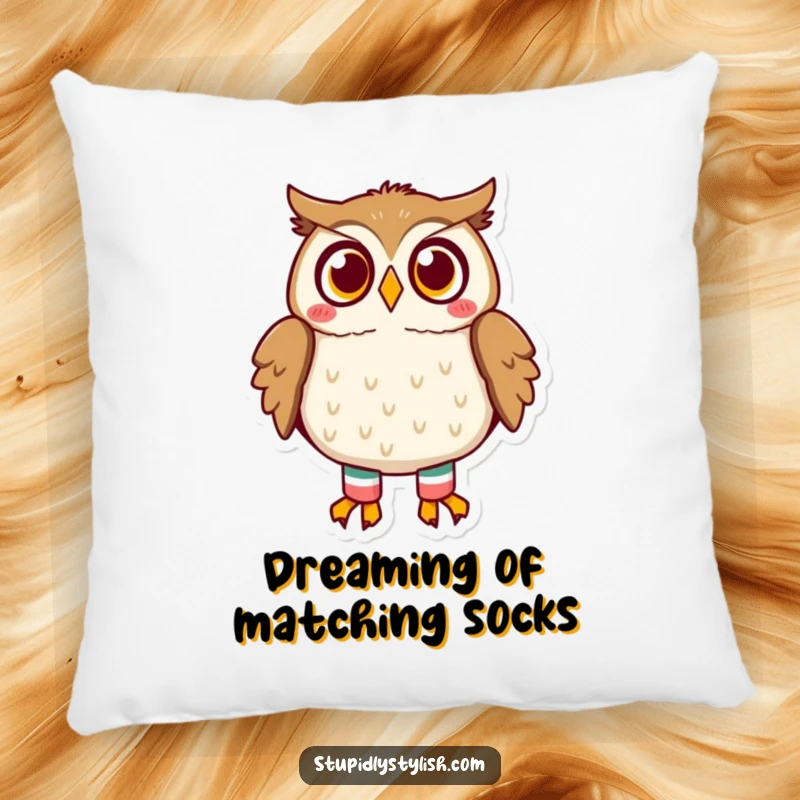 Funny owl pillow showcasing a surprised owl with its comical mismatched socks, perfect for adding a touch of humor to any couch or bed.