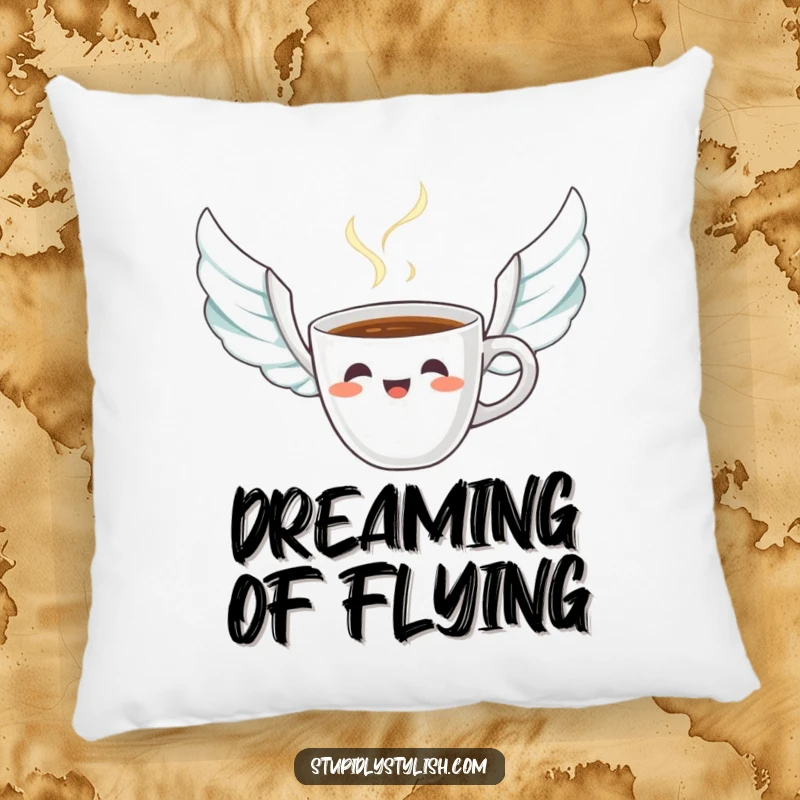 Funny pillow depicting a startled coffee cup with wing-like steam, bringing cheerful morning humor to any couch or chair.