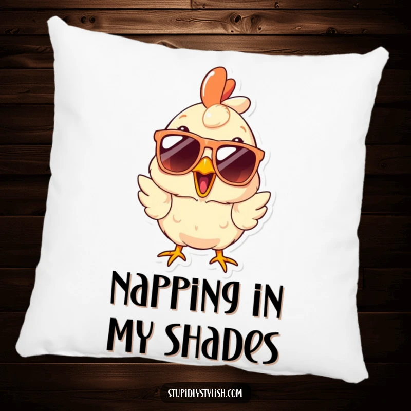 Funny Pillow depicting a surprised chicken wearing oversized sunglasses, offering plush comfort and a humorous, quirky visual appeal.