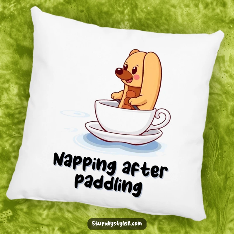 Funny Pillow featuring a determined hot dog comically paddling a teacup across a vast ocean, adding inspiration to relaxation.