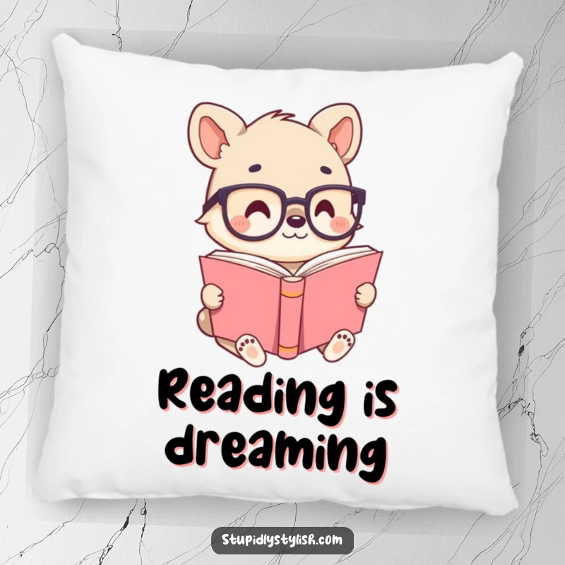 Cute animal character with tiny glasses, reading a large book, perfect for a cozy pillow that adds charm and intellectual humor.