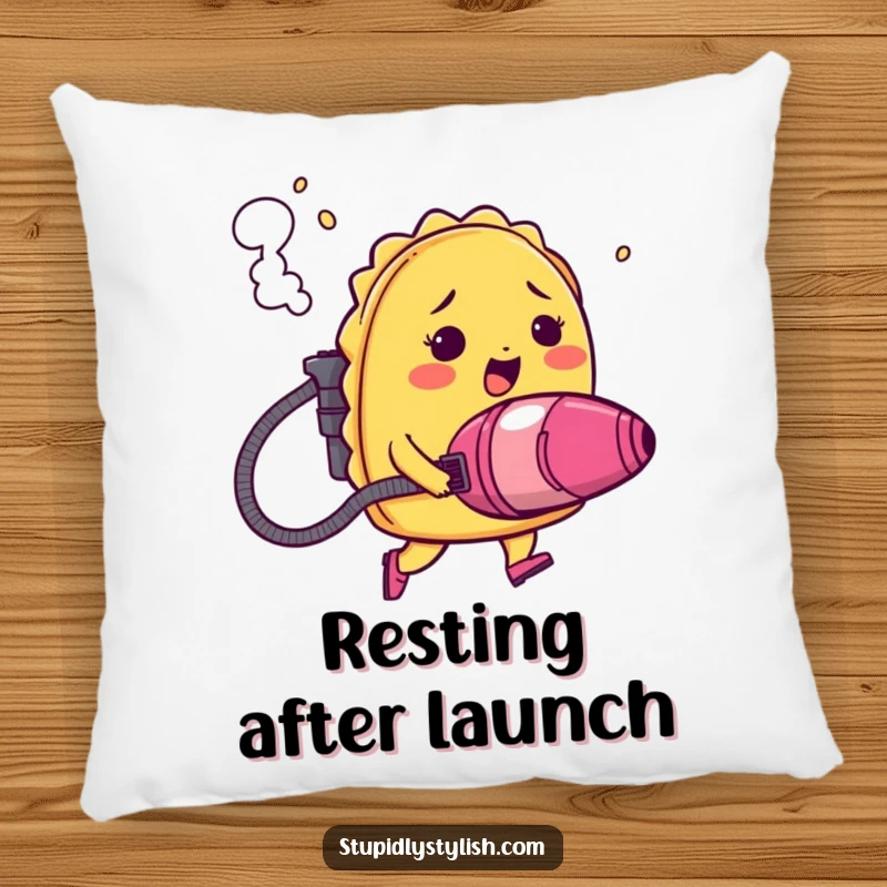 Funny pillow featuring a blushing taco attempting escape with a vacuum cleaner jetpack, smoke billowing in a humorous, cozy design.