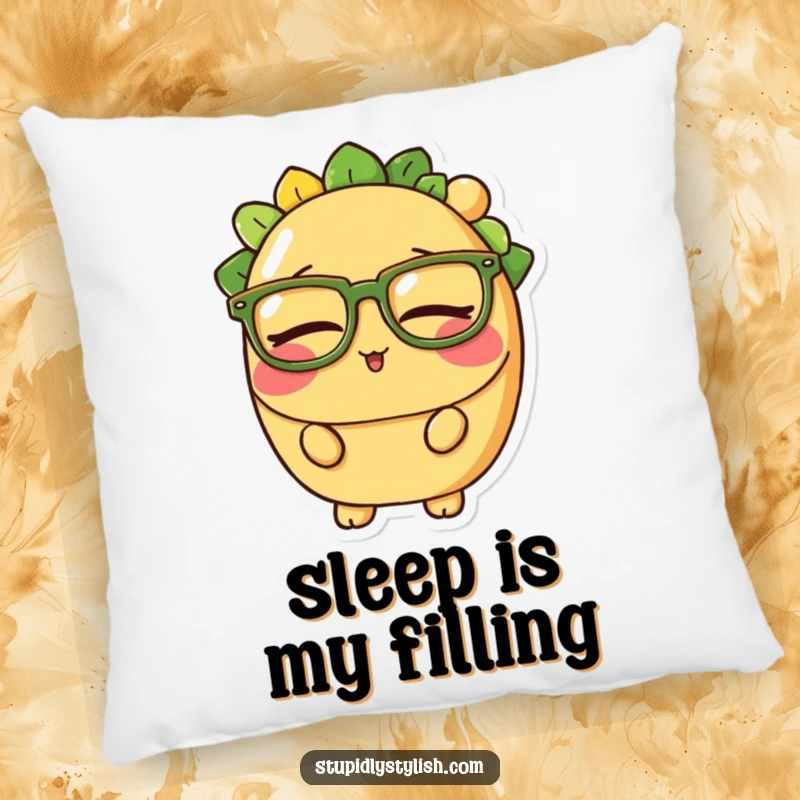 Funny pillow featuring a sleepy taco character wearing large glasses, offering plush comfort and a humorous depiction of tiredness.