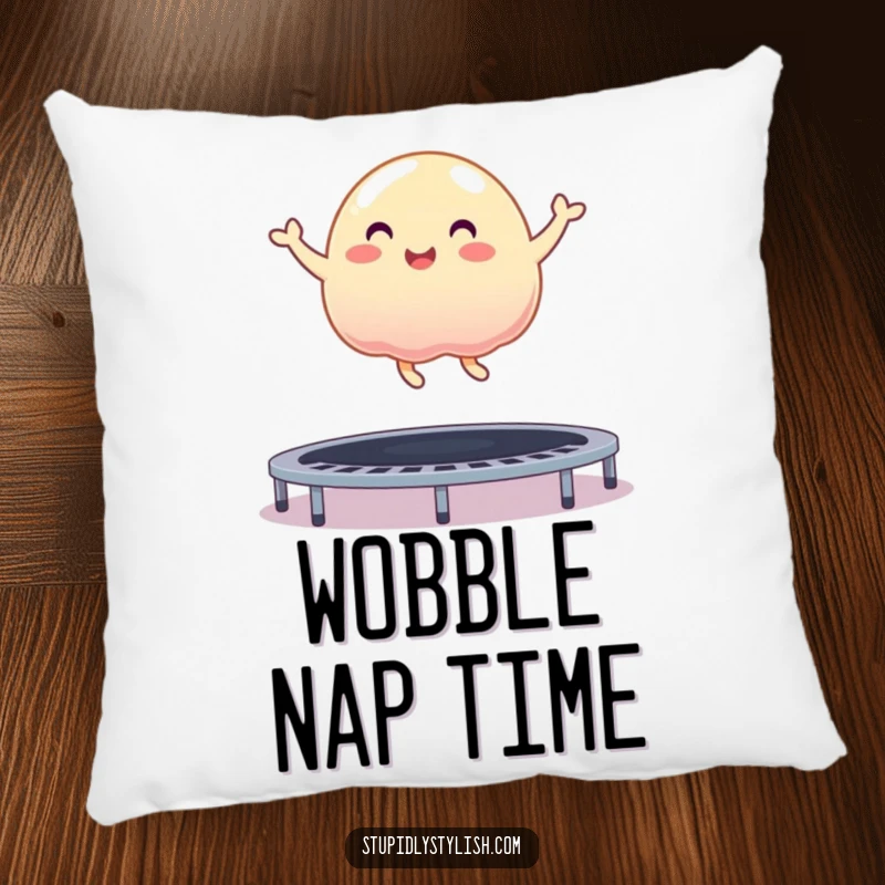 Funny pillow showing a supremely happy, wobbly jelly blob mid-air while bouncing on a trampoline, soft and inviting.